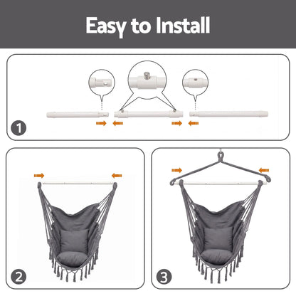 Gardeon Hammock Chair Camping Macrame Hanging Swing Cushions Metal Bar Grey - Image 7