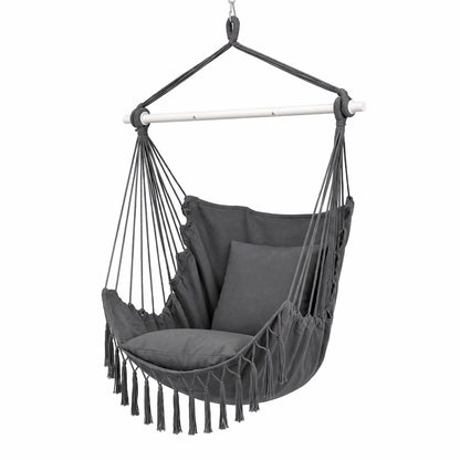 Gardeon Hammock Chair Camping Macrame Hanging Swing Cushions Metal Bar Grey - Image 9