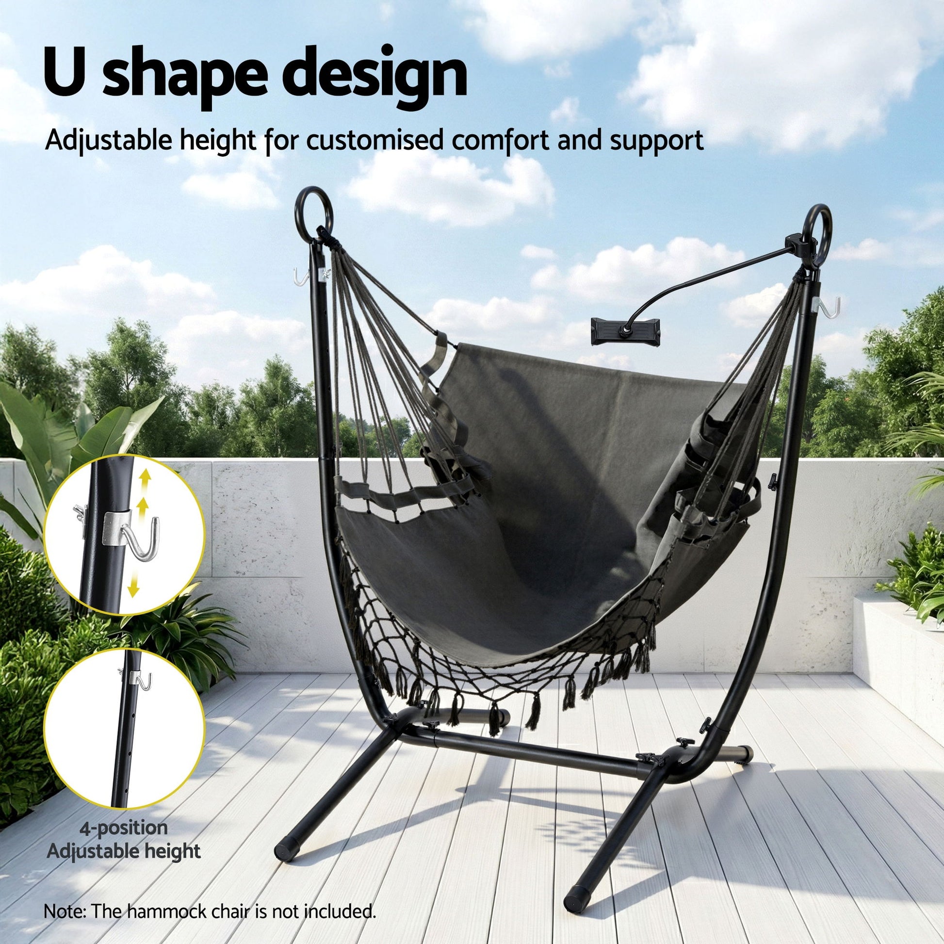 Gardeon Hammock Chair Stand Iron Frame w/ Phone Holder Black - Image 6