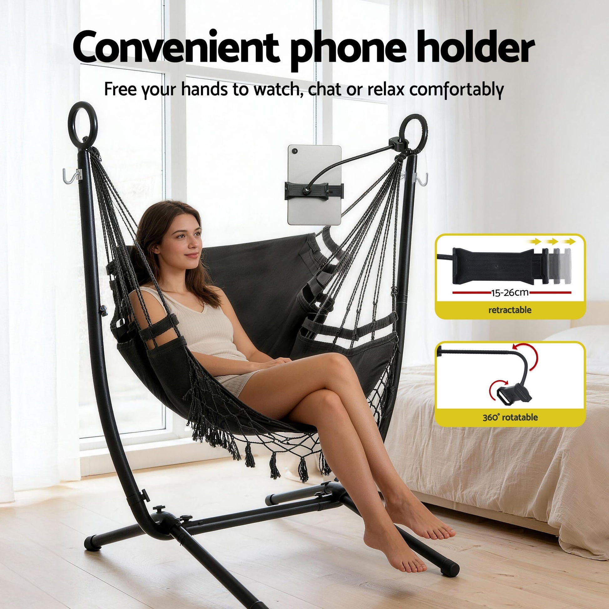 Gardeon Hammock Chair Stand Iron Frame w/ Phone Holder Black - Image 7