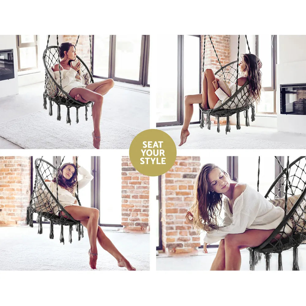 Gardeon Hammock Chair Outdoor Hanging Macrame Cotton Indoor Grey - Image 3