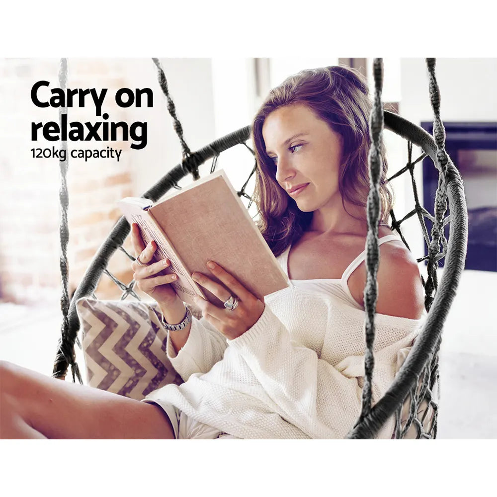 Gardeon Hammock Chair Outdoor Hanging Macrame Cotton Indoor Grey - Image 4