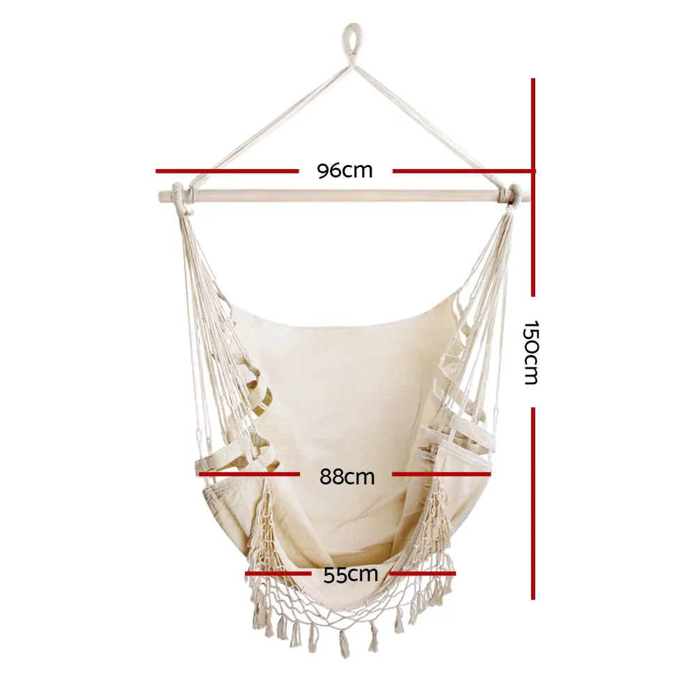 Gardeon Hanging Hammock Chair Outdoor Swing Hammocks Tassel Cream - Image 2