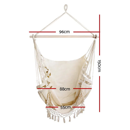 Gardeon Hanging Hammock Chair Outdoor Swing Hammocks Tassel Cream - Image 2