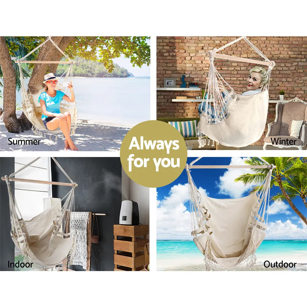 Gardeon Hanging Hammock Chair Outdoor Swing Hammocks Tassel Cream - Image 3
