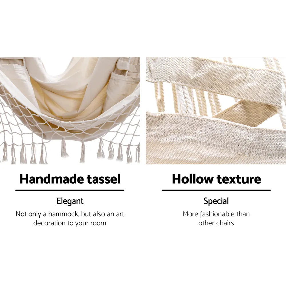 Gardeon Hanging Hammock Chair Outdoor Swing Hammocks Tassel Cream - Image 6