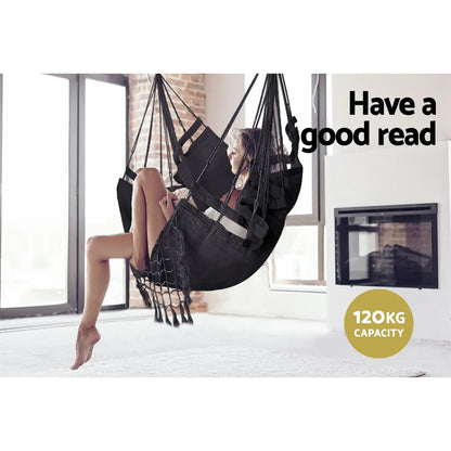 Gardeon Hanging Hammock Chair Outdoor Swing Hammocks Tassel Grey - Image 4