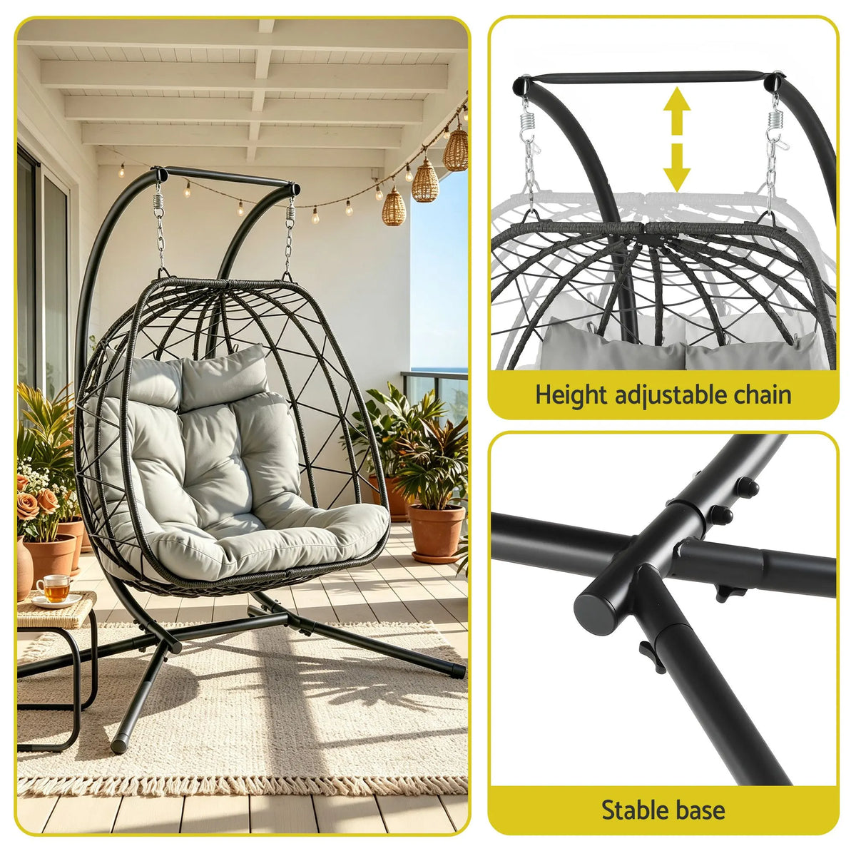 Gardeon Outdoor Swing Chair 2 Seater with Stand Cushion Rattan Patio Furniture - Image 4