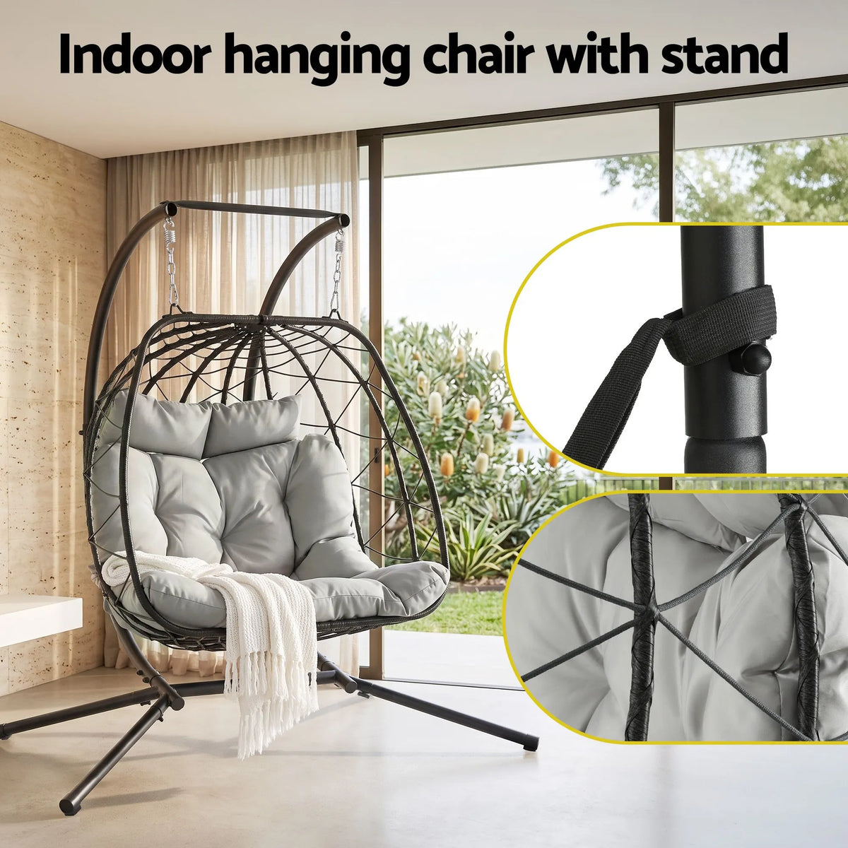 Gardeon Outdoor Swing Chair 2 Seater with Stand Cushion Rattan Patio Furniture - Image 7