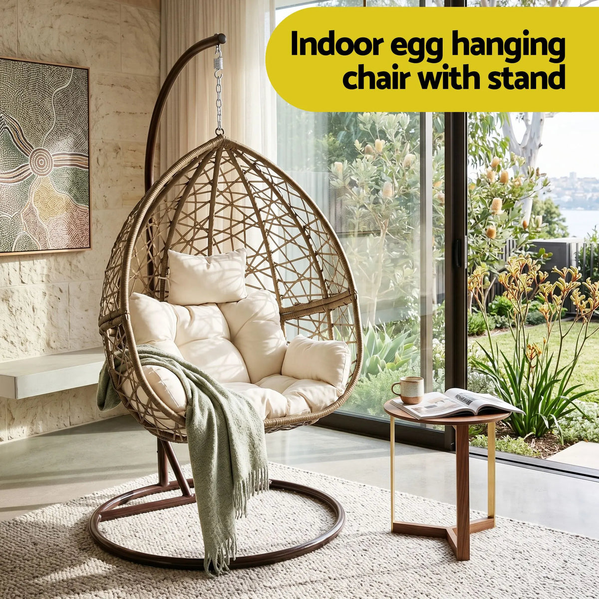 Gardeon Outdoor Egg Swing Chair Wicker Rattan Furniture Pod Stand Cushion Latte - Image 4