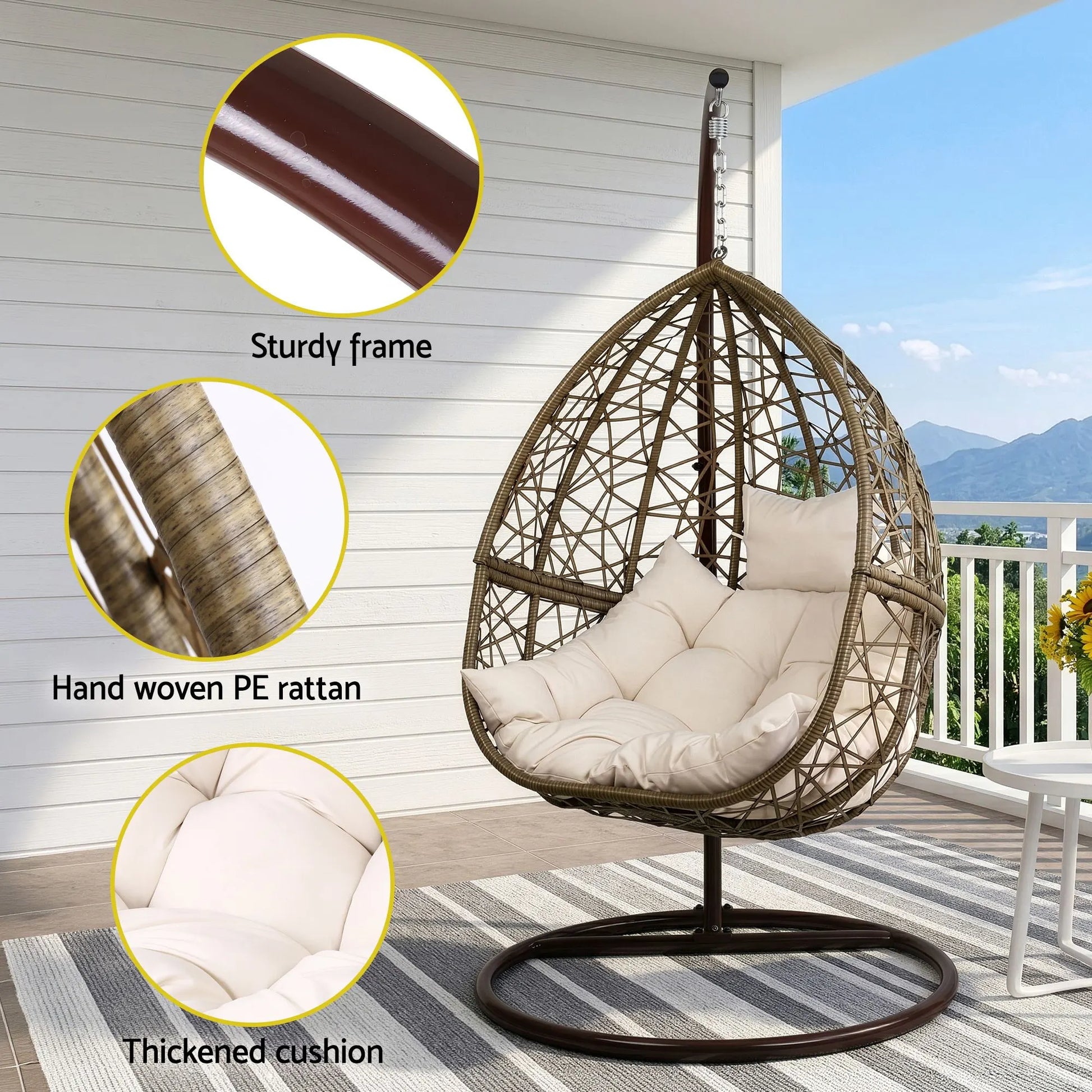 Gardeon Outdoor Egg Swing Chair Wicker Rattan Furniture Pod Stand Cushion Latte - Image 5