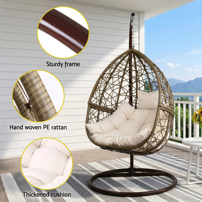 Gardeon Outdoor Egg Swing Chair Wicker Rattan Furniture Pod Stand Cushion Latte - Image 5