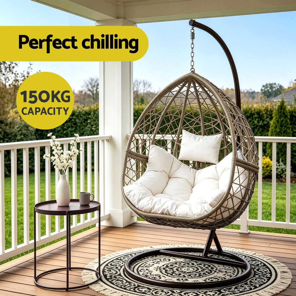 Gardeon Outdoor Egg Swing Chair Wicker Rattan Furniture Pod Stand Cushion Latte - Image 6