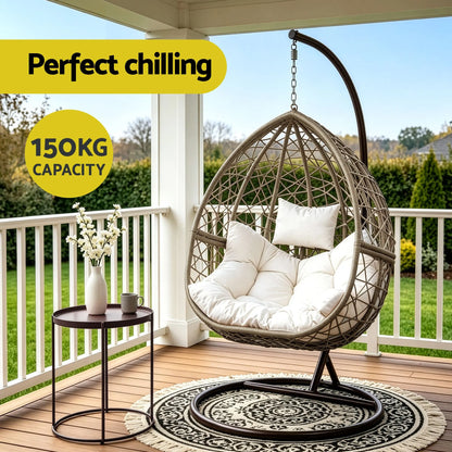 Gardeon Outdoor Egg Swing Chair Wicker Rattan Furniture Pod Stand Cushion Latte - Image 6