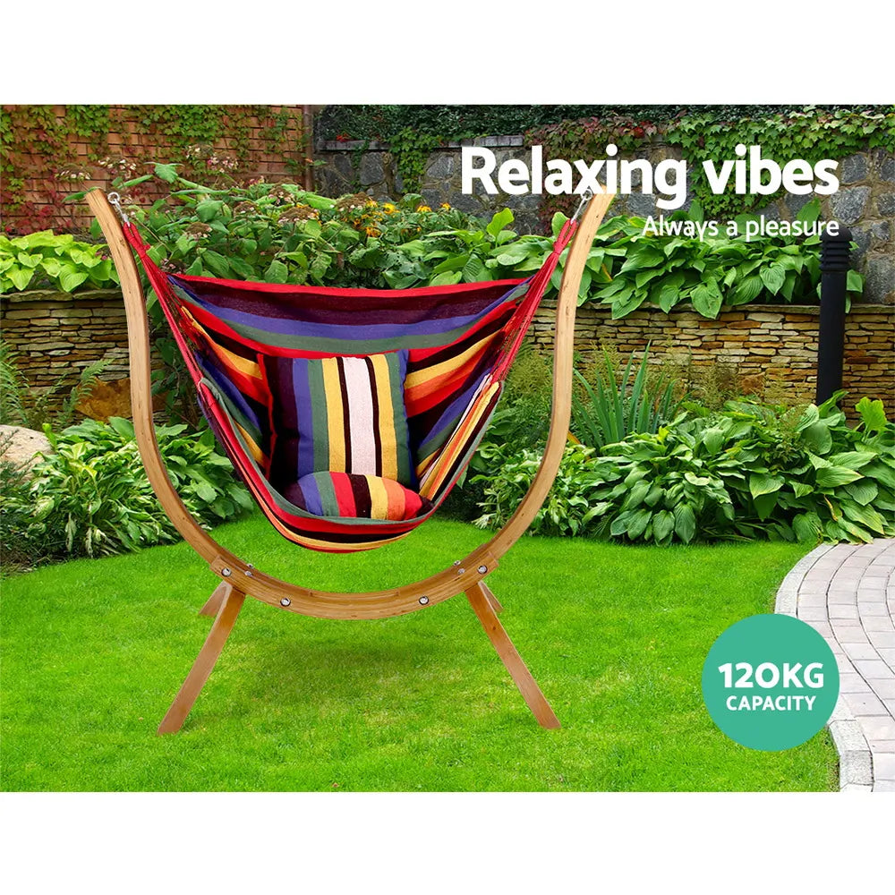 Gardeon Hammock Chair Timber Outdoor Furniture Camping with Wooden Stand - Image 3