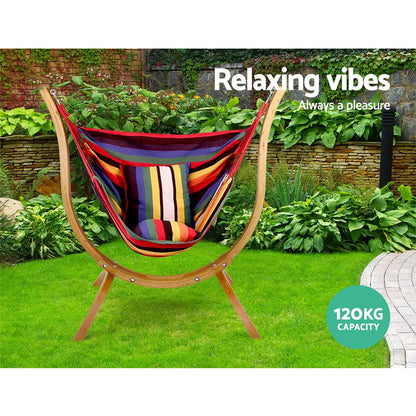 Gardeon Hammock Chair Timber Outdoor Furniture Camping with Wooden Stand - Image 3