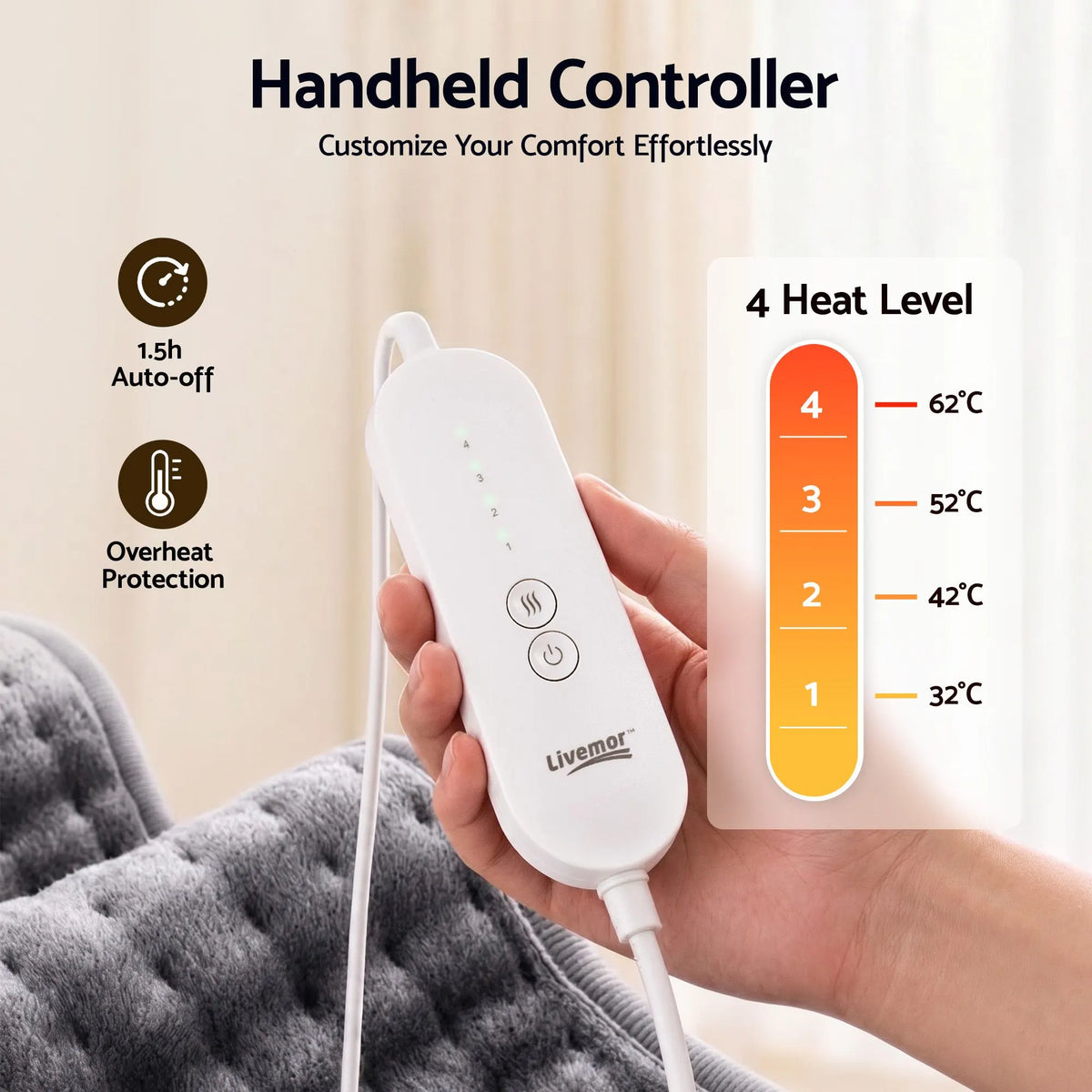 Livemor Heating Pad for Back Neck Shoulder Knee Arms Legs 60x30cm 4 Heat Settings Gift for Women Men - Image 6