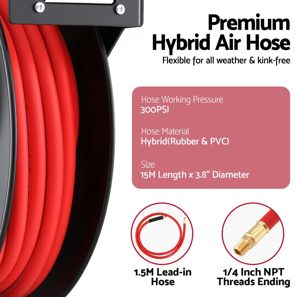 Giantz Air Hose Reel 3/8 IN x 15m Retractable Air Hose 300PSI - Image 7