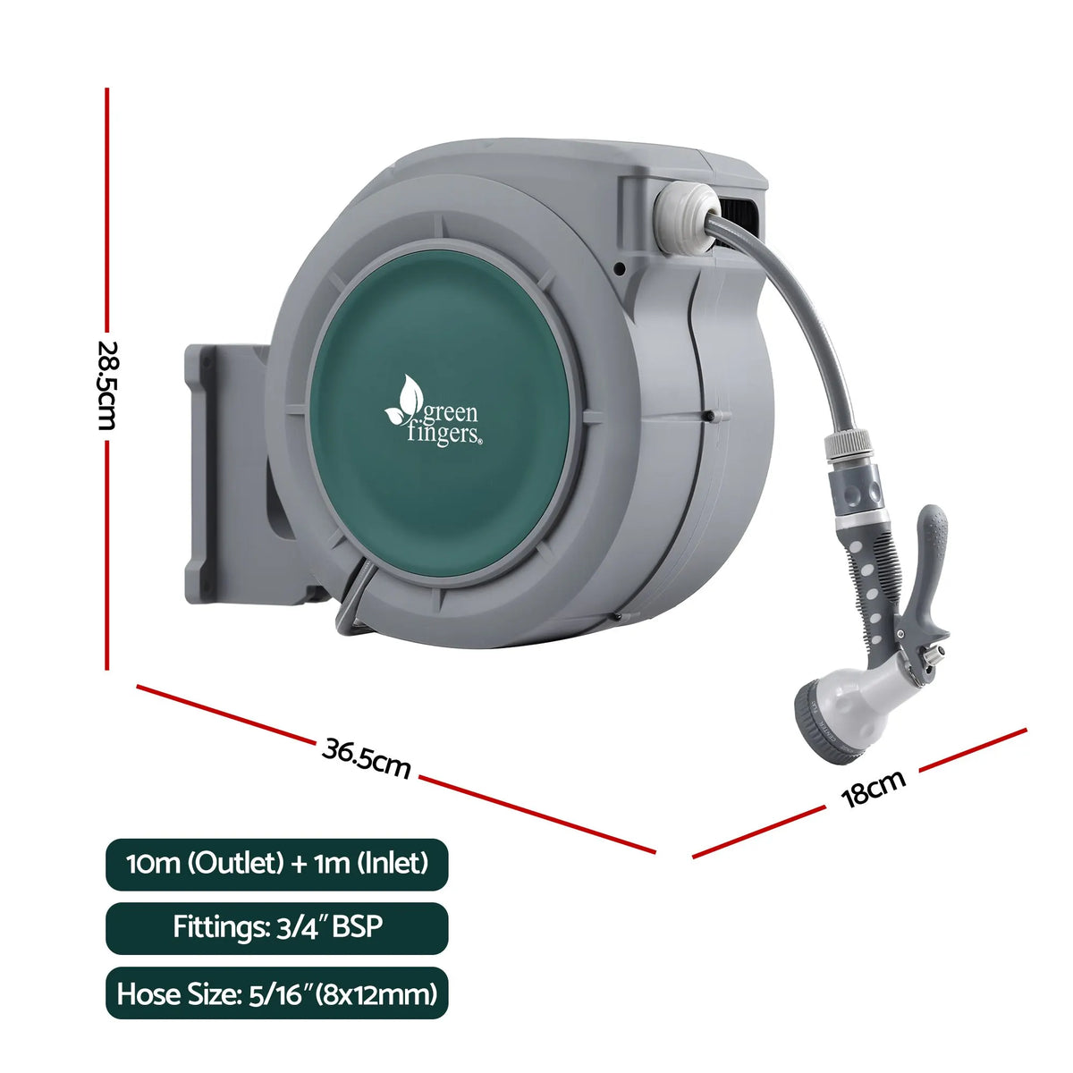 Green Fingers 10m Retractable Water Hose Reel, Wall Mounted Garden Hose 9-Pattern Nozzle - Image 2