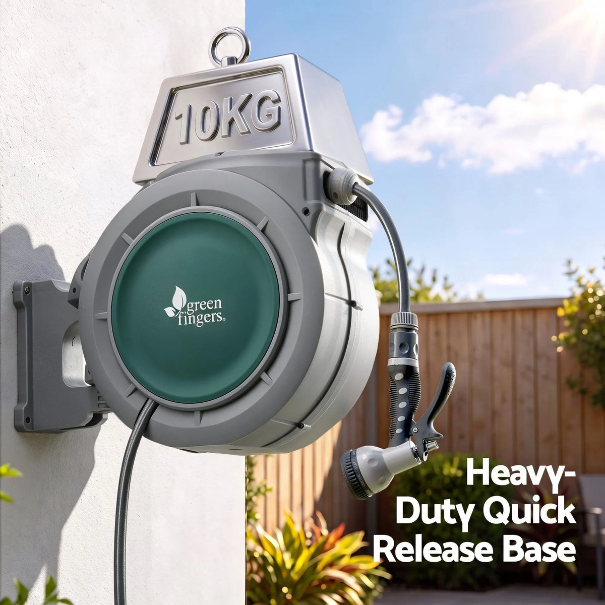 Green Fingers 10m Retractable Water Hose Reel, Wall Mounted Garden Hose 9-Pattern Nozzle - Image 4