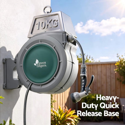 Green Fingers 10m Retractable Water Hose Reel, Wall Mounted Garden Hose 9-Pattern Nozzle - Image 4
