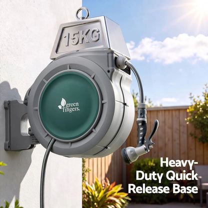 Green Fingers 20m Retractable Water Hose Reel, Wall Mounted Garden Hose 9-Pattern Nozzle - Image 4