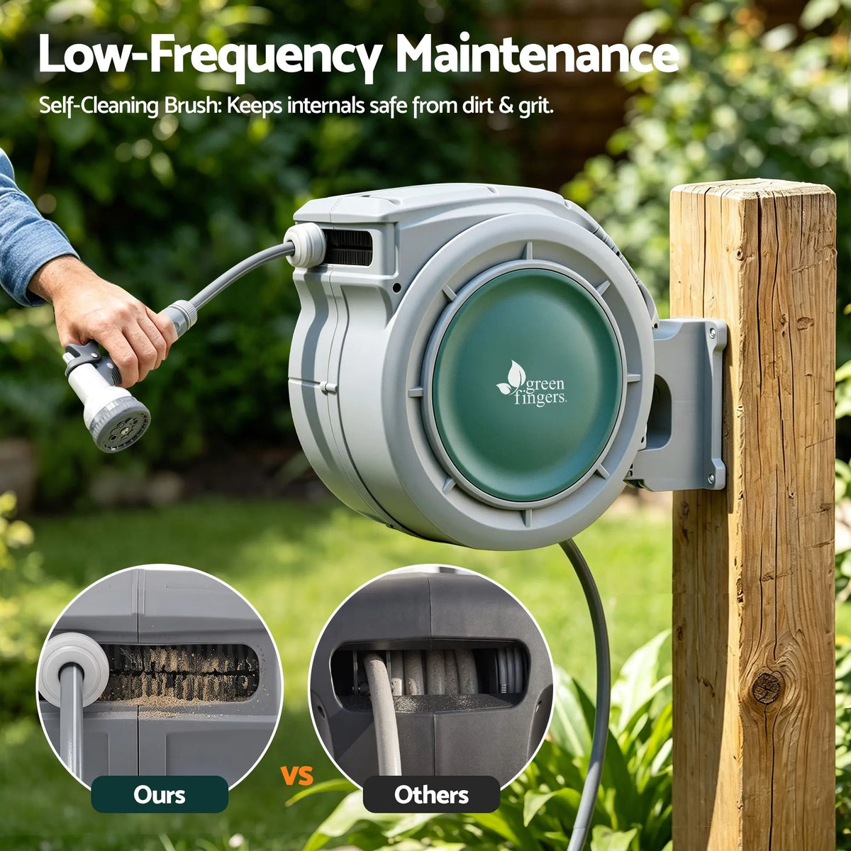 Green Fingers 20m Retractable Water Hose Reel, Wall Mounted Garden Hose 9-Pattern Nozzle - Image 6