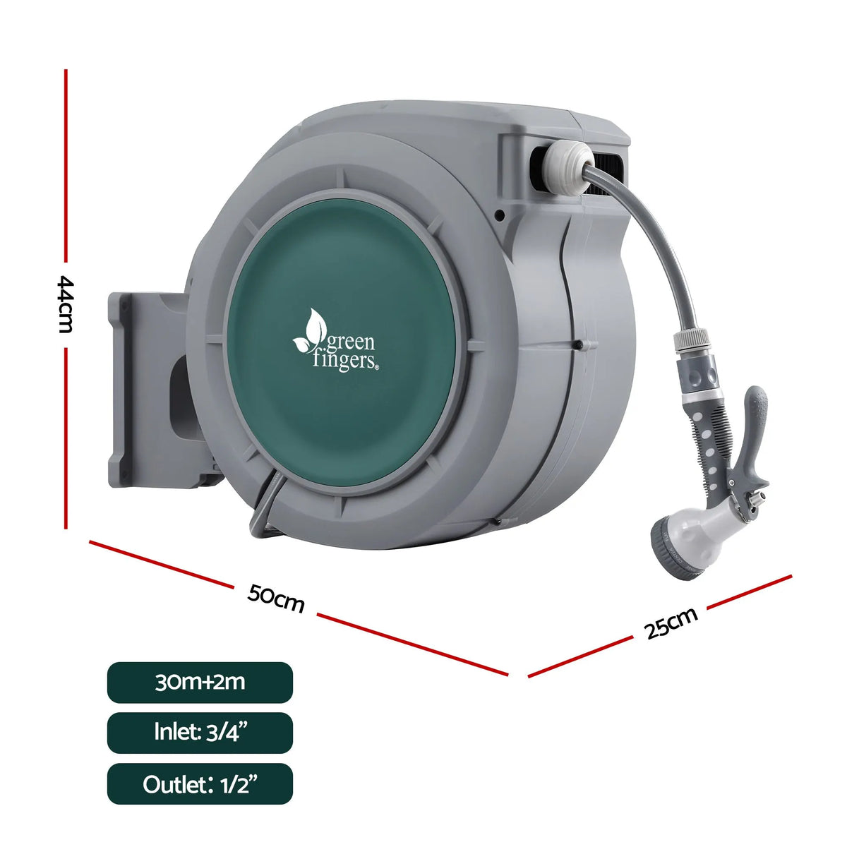 Green Fingers 30m Retractable Water Hose Reel, Wall Mounted Garden Hose 9-Pattern Nozzle - Image 2