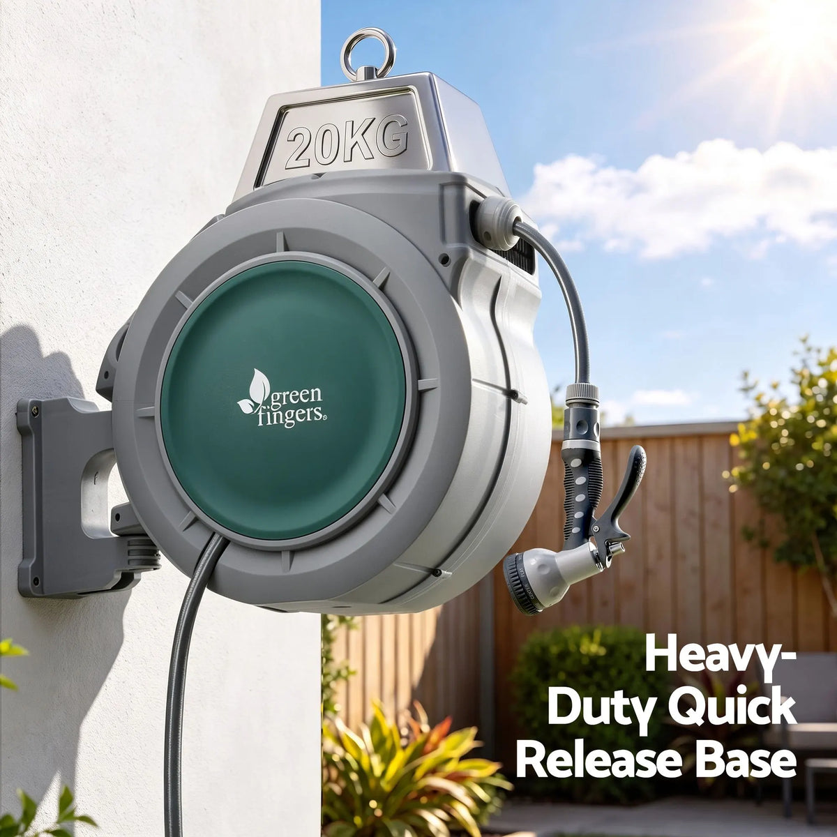 Green Fingers 30m Retractable Water Hose Reel, Wall Mounted Garden Hose 9-Pattern Nozzle - Image 4