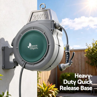 Green Fingers 30m Retractable Water Hose Reel, Wall Mounted Garden Hose 9-Pattern Nozzle - Image 4