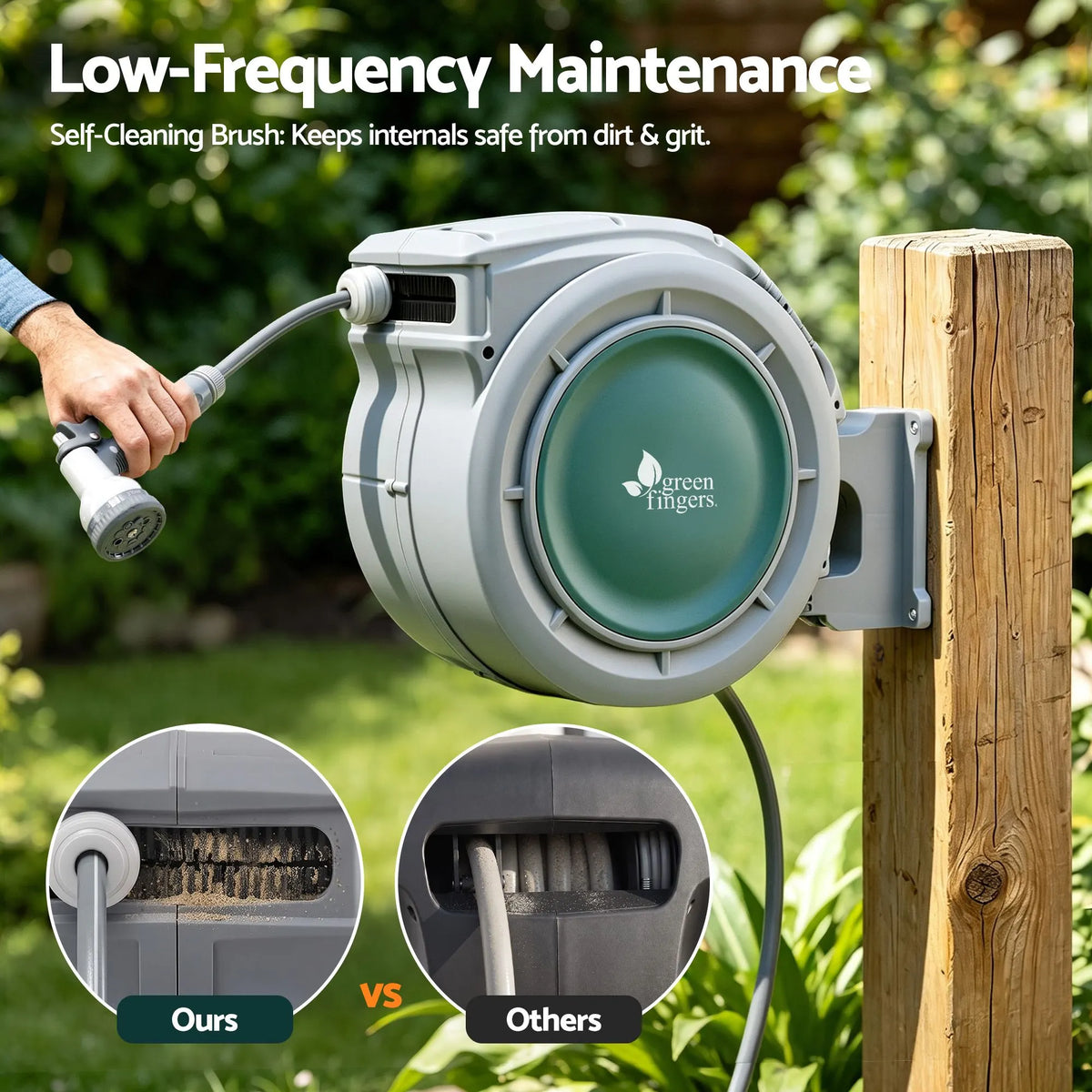 Green Fingers 30m Retractable Water Hose Reel, Wall Mounted Garden Hose 9-Pattern Nozzle - Image 6