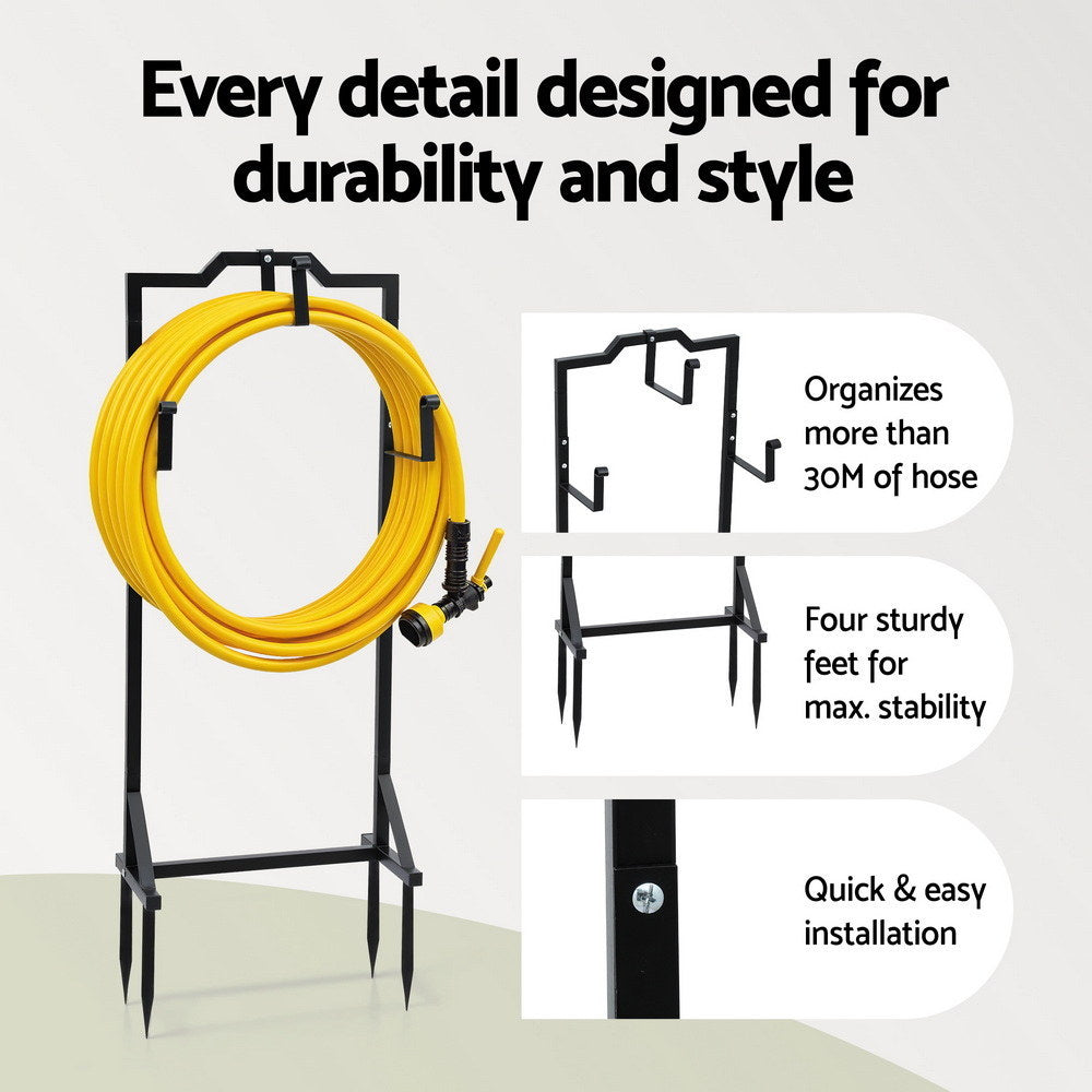 Green Fingers Garden Hose Holder Metal Portable Freestanding Hose Stand 4 Spikes Black - Image 4
