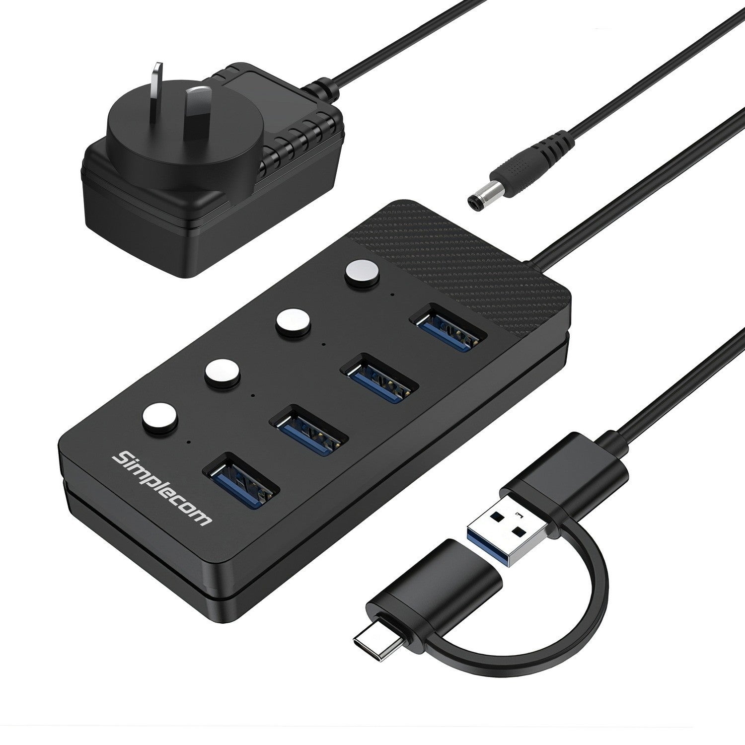 Simplecom CH345C SuperSpeed USB-A and USB-C to 4-Port USB 3.0 Hub 5Gbps Individual Switches and P...