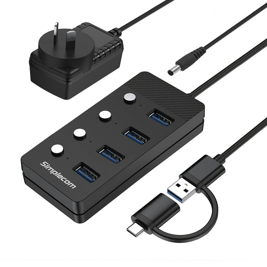 Simplecom CH345C SuperSpeed USB-A and USB-C to 4-Port USB 3.0 Hub 5Gbps Individual Switches and P...