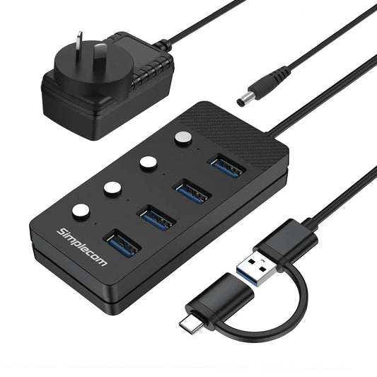 Simplecom CH345C SuperSpeed USB-A and USB-C to 4-Port USB 3.0 Hub 5Gbps Individual Switches and P...