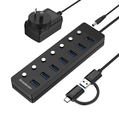 Simplecom CH375C USB-A and USB-C to 7-Port USB 3.0 Hub 5Gbps Individual Switches and Power Adapte...