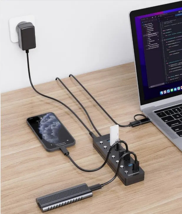 Simplecom CH375C USB-A and USB-C to 7-Port USB 3.0 Hub 5Gbps Individual Switches and Power Adapte... - Image 2