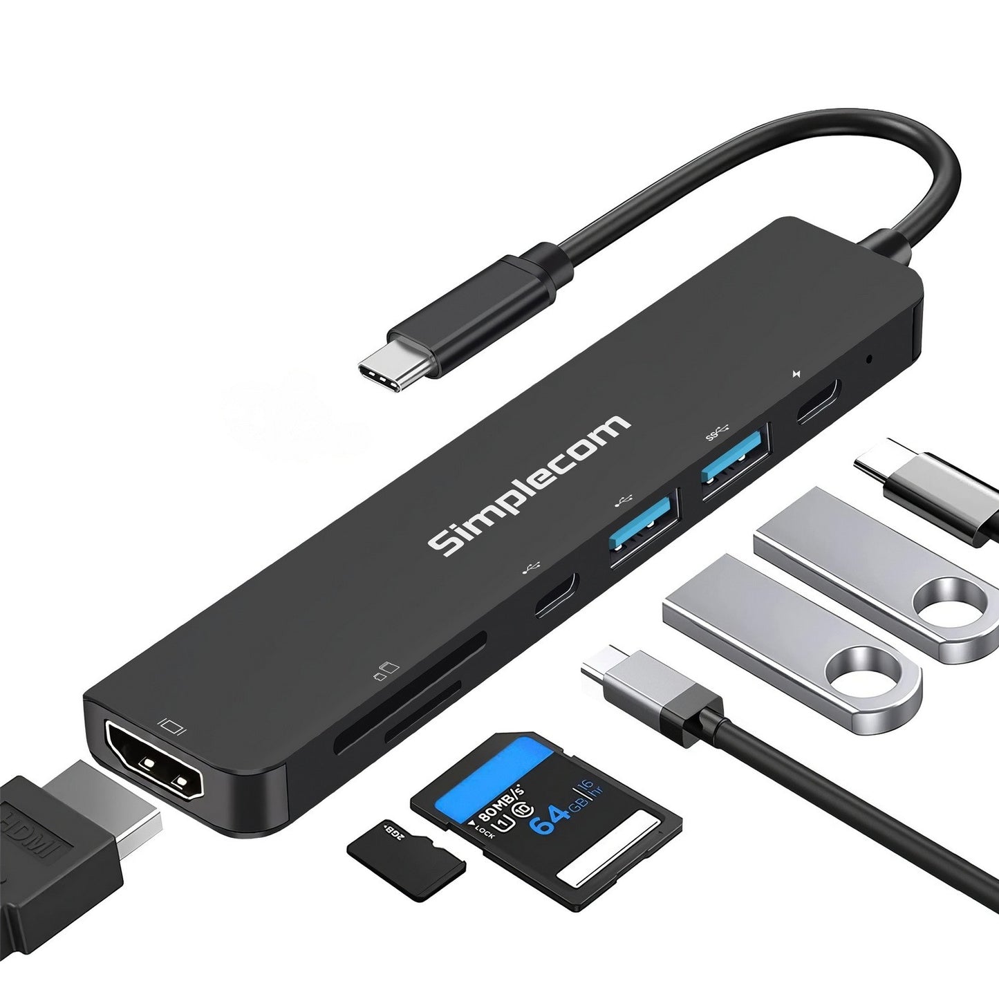 Simplecom CH547 USB-C 7-in-1 Multiport Adapter USB Hub HDMI Card Reader PD - USB, Bluetooth  IEEE