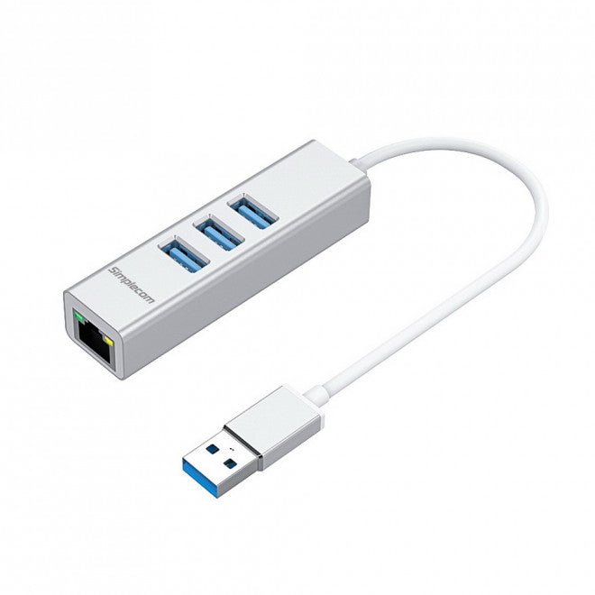 Simplecom CHN420 Silver Aluminium 3 Port SuperSpeed USB HUB with Gigabit Ethernet Adapter - USB,...