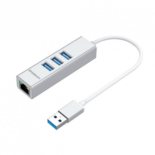Simplecom CHN420 Silver Aluminium 3 Port SuperSpeed USB HUB with Gigabit Ethernet Adapter - USB,...