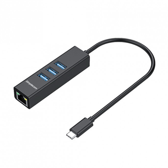 Simplecom CHN421 Black Aluminium USB-C to 3 Port USB HUB with Gigabit Ethernet Adapter - USB, Blu...