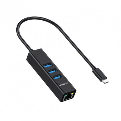 Simplecom CHN421 Black Aluminium USB-C to 3 Port USB HUB with Gigabit Ethernet Adapter - USB, Blu... - Image 3