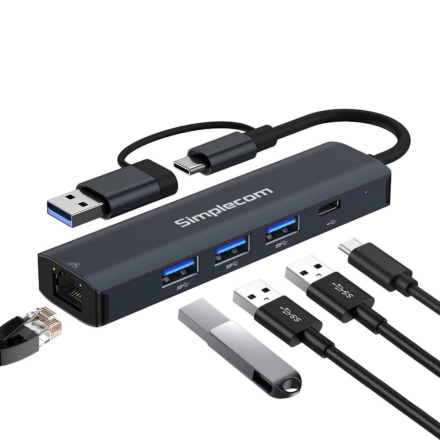 Simplecom CHN436 USB-C and USB-A to 4-Port USB HUB with Gigabit Ethernet Adapter - USB, Bluetooth...