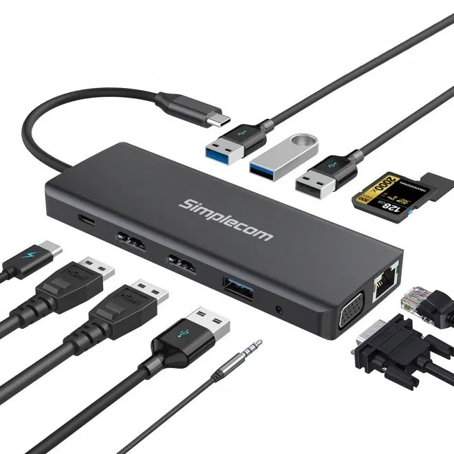 Simplecom CHN612 USB-C 12-in-1 Multiport Docking Station Dual HDMI + VGA Triple Display Gigabit L... - Image 2