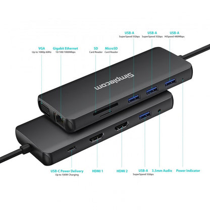 Simplecom CHN612 USB-C 12-in-1 Multiport Docking Station Dual HDMI + VGA Triple Display Gigabit L... - Image 3