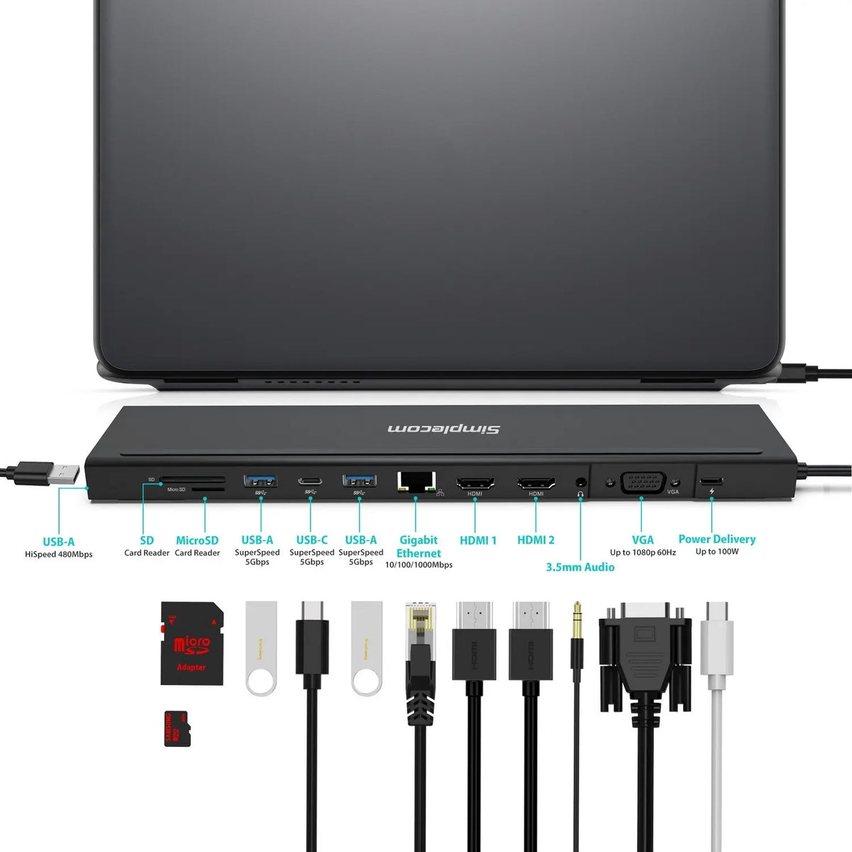 Simplecom CHN622 USB-C 12-in-1 Multiport Docking Station Laptop Stand Dual HDMI + VGA Triple Disp... - Image 3