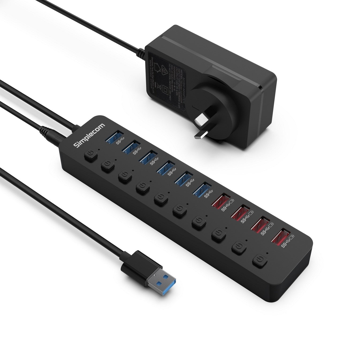 Simplecom CHU810 48W 10-Port USB 3.0 Hub and Charger with Individual Switches 12V/4A Power Adapte...