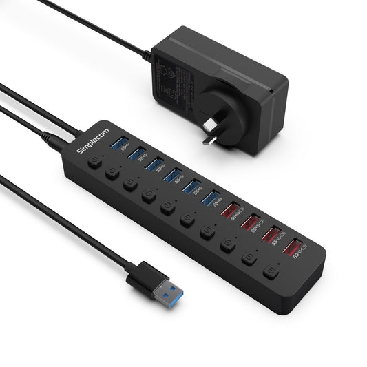 Simplecom CHU810 48W 10-Port USB 3.0 Hub and Charger with Individual Switches 12V/4A Power Adapte...