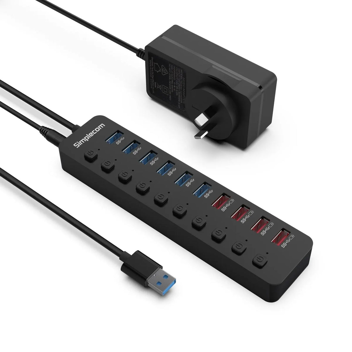 Simplecom CHU810 48W 10-Port USB 3.0 Hub and Charger with Individual Switches 12V/4A Power Adapte...