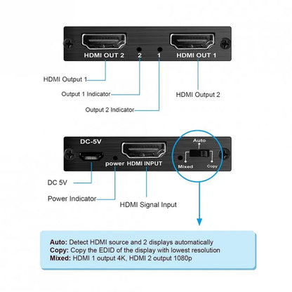 Simplecom CM412 HDMI 2.0 1x2 Splitter 1 IN 2 Out 4K@60Hz HDR10 2 Port HDMI Duplicator - USB, Blue... - Image 3